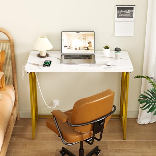 Folding Desk, 31.5" Small Desk for Bedroom with Power Outlet, Space Saving Foldable Computer Desk for Home Office, Easy Assembly, White and Gold - size: medium size02