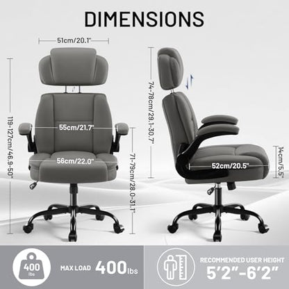 Ergonomic Office Chair with Lumbar Support, 400lbs Heavy Duty Big and Tall Executive Desk Chair, PU Leather High Back Computer Chair with Flip-Up Arms & Adjustable Headrest, Gray - color: Grey, size: Adjustable Headrest Office Chair