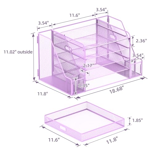 SUPEASY Mesh Desk Organizer with File Holder, 5-Tier Paper Letter Tray Organizer with Magazine Holder, Desktop Organizer and Storage with Drawer for Office Supplies Home or School (Purple) | Two side magazine holders and a bottom drawer store papers, fold