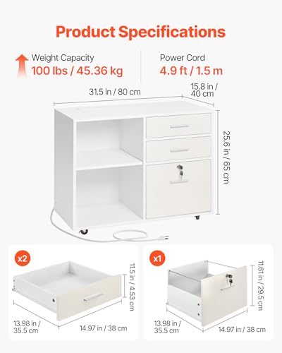 VEVOR 3 Drawer Wooden File Cabinet, Mobile Filing Cabinet with Light Strip, Lockable Rolling File Storage with Adjustable Shelves & 5 Wheels, Free Standing Printer Stand for Home Office School, White