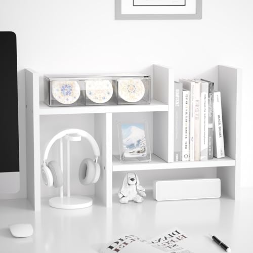 Jerry & Maggie Desktop Organizer Office Storage Rack Adjustable Wood Display Shelf Free Style Double H, Multi-Functional Mini Bookshelf for Desk Natural Stand (White) - color: White