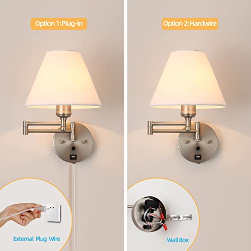 Swing Arm Wall Sconces, Plug-in Wall lamp,Bedroom Wall lamp ， White Fabric Shade，，with dimmable Switch and USB Charging Port, Suitable for Bedside, Living Room, Reading (Nickel) - color: Nickel
