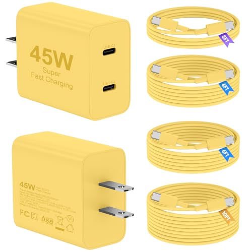 45W iPhone 17 16 15 Charger Fast Charging, 2 Pack Dual Port USB C Charger - color: Yellow, size: 2pack-(3+6+6+10)ft