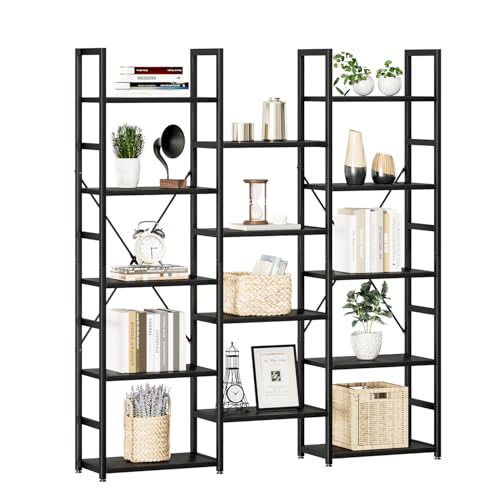 NUMENN Triple Column 5 Tier Bookshelf with 14 Adjustable Shelves, Black | Metal Frame & Wood Shelves, Open Freestanding Storage Unit with Supporting Bars for Bedroom, Living Room and Home Office - color: Black, size: 5 Tier(Regular)