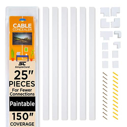 Simple Cord Organizer, 150in Cable Management Under Desk - Easy to Install Screws or Adhesive Mount Cord Covers for Wires on Wall, Desk and Home Office, Wall Cable Organizer (White)