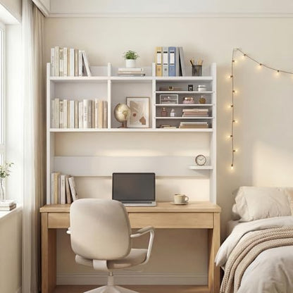 NUTIKAS Desktop Bookshelf for Computer Desk - 36" Desk Hutch Organizer with 4-Tier Paper Tray, Tabletop Storage Rack for College Dorm Room Essentials, Home Office Shelving, White