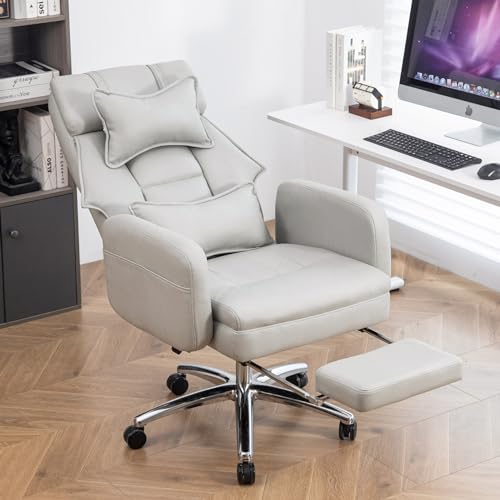 Executive Office Chair, Big and Tall Ergonomic Desk Chairs with Headrest & Footrest, Adjustable High-Back Recliner, Swivel Computer Chair w/Side Pockets, Lumbar Support for Home Office (Light Grey) - color: Light Grey