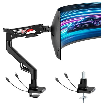ARES WING Gas Spring Ultrawide Monitor Arm 57" 66Lbs USB VESA Dual Base | Height Adjustable & Extendable, Built-in USB Port, Standard VESA, Clamp & Grommet Base, Fits Ultrawide Monitor - style: With USB