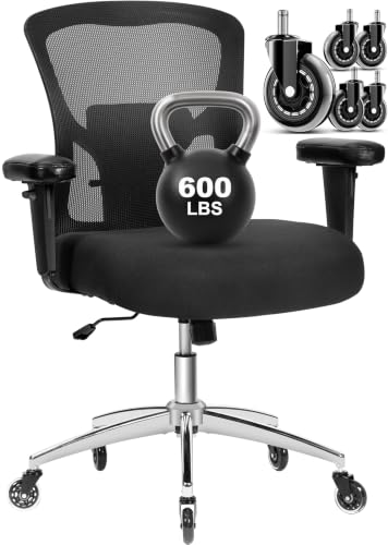 Big and Tall Office Chair 600lbs, Heavy Duty Ergonomic Mesh Chair, Computer Executive Desk Chair with Wide Thick Seat, Adjustable Armrests, Lumbar Support (Black, 600LBS) - size: 600LBS