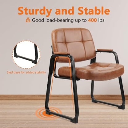 CLATINA Big Tall 400 lbs Waiting Room Chairs with Padded Arms Leather Guest Chair no Wheels for Office Reception Lobby and Conference Desk with Sled Base, Brown - color: Brown, size: 1PK