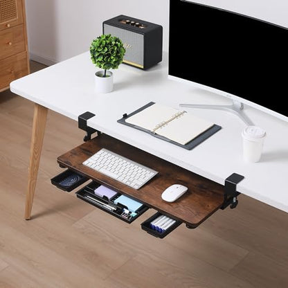 Keyboard Tray Under Desk with Drawer,26.77" X 11.81"Large Size Keyboard Tray with C Clamp-on Mount, Easy to Install, for Home Office (Mahogany) - color: Mahogany