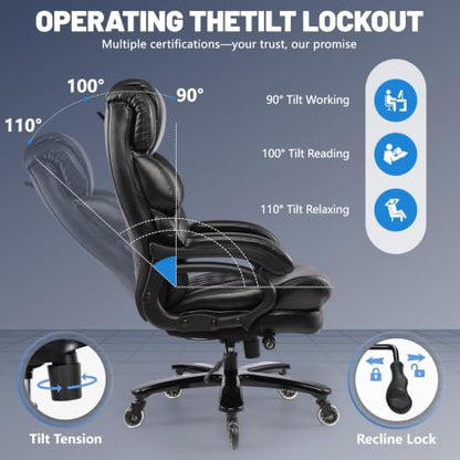 800LBS Big and Tall Office Chair for Heavy People, Heavy Duty Executive Chair with High Back, Extra Wide Seat and Adjustable Lumbar, Large Computer Desk Chair Comfortable for Home Office - color: Black