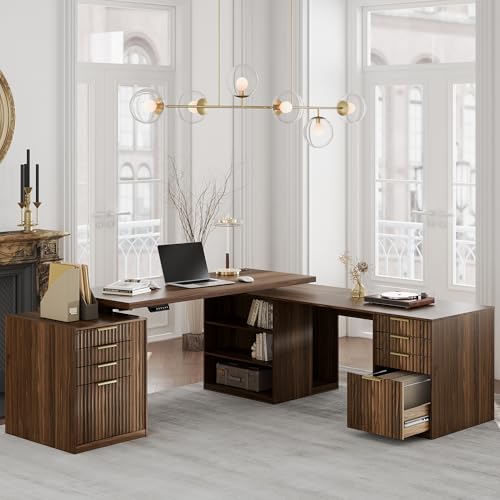 L Shaped Electric Standing Desk, 81'' x 68" Executive Height Adjustable Desk with Drawers and File Cabinet, AC/USB, Fluted Computer Desk with Storage Shelves for Home Office, Black Walnut - color: Black Walnut
