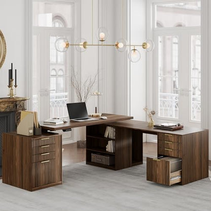 L Shaped Electric Standing Desk, 81'' x 68" Executive Height Adjustable Desk with Drawers and File Cabinet, AC/USB, Fluted Computer Desk with Storage Shelves for Home Office, Black Walnut - color: Black Walnut