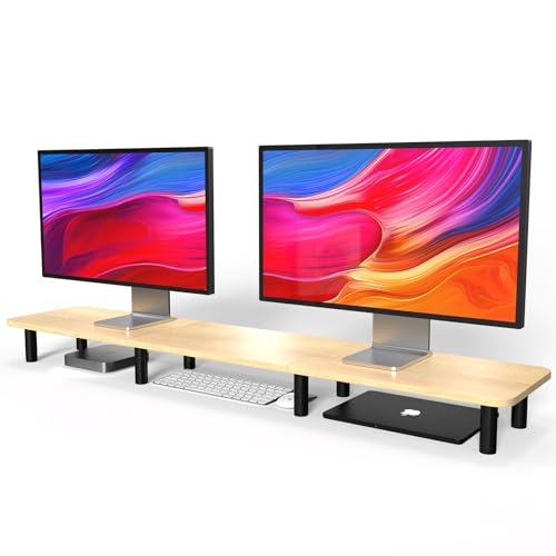 Large Extra Long Monitor Stand Riser 43.7in,Dual Monitor Riser, Wide TV Stand for 2 Monitors, Wood & Steel Leg Adjustable Height Desktop Riser, Home Office Organization. (Natural) - color: Nature