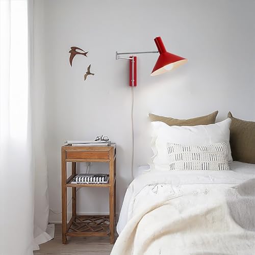 Red Industrial Plug in Wall Sconce - Swing Arm Wall Lamp with On/Off Switch, Adjustable Angle, E27 Socket, Metal Wall Light for Bedside Reading, Desk, Office, Hallway Lighting
