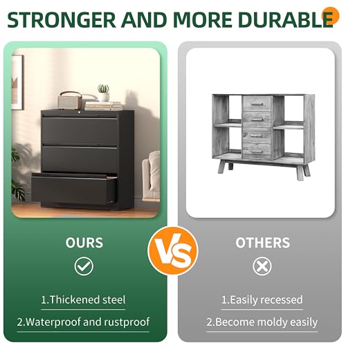 Lateral File Cabinet 3 Drawer, Metal File Cabinet with Lock - color: Black, size: 3 Drawer - Lateral