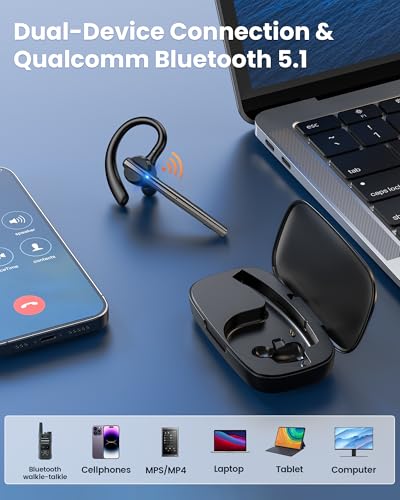 New Bee Bluetooth Headset V5.1 72H Talk Time Dual Mic with Mute Button for Business, Wireless Hand-Free Bluetooth Earpiece with 500mAh Charging Case for Cell Phone Calls Trucker Driver Laptop - color: Gunmetal