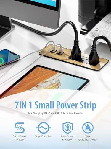 Electriduct Pack of 2 Flush Mount Power Strip Surge Protector 65W Fast Charge 2X USB-C + 2X USB-A, 3X AC Outlet Recessed Desk Power Center Laptop Charger - Black/Silver/Wood Finish - size: 2 Pack