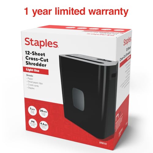 Staples 12-Sheet Cross-Cut Paper Shredder, Quiet, Anti-Jam, Black - size: 12 Sheet