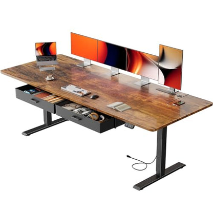 HLDIRECT 79" Electric Standing Desk with Outlets & 2 Drawers, Rustic Brown | 31.5" Extra Wide Desktop Up to 176lb, 28"–46" Height Range & 3 Memory Presets, Integrated Cable Management, Quick Assembly - color: Rustic Brown, size: 79 inch