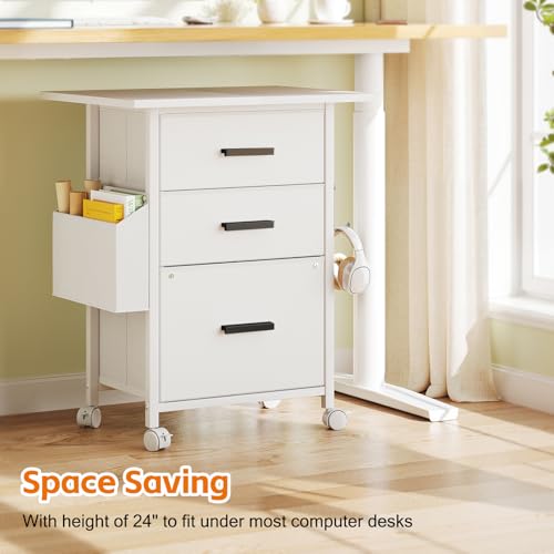 Mexin 3 Drawer File Cabinet with 22'' Extended Desktop, Mobile Filing Cabinet, Printer Stand, Rolling Printer Stand with Side Bag, Fabric Drawer, Fits A4 Size, Home Office, White - color: White