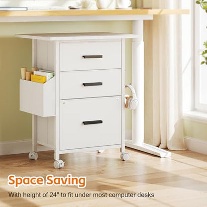 Mexin 3 Drawer File Cabinet with 22'' Extended Desktop, Mobile Filing Cabinet, Printer Stand, Rolling Printer Stand with Side Bag, Fabric Drawer, Fits A4 Size, Home Office, White - color: White