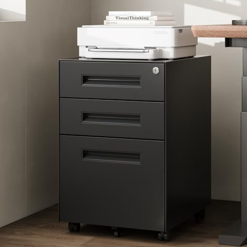 Dripex 3 Drawer Metal Rolling File Cabinet Under Desk Filing Cabinet Black | 15"W x 18"D x 24"H, Lockable, 5 Wheels, Fully Assembled, Letter/Legal Size, Suitable for Home Office - color: Black