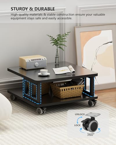Mobile Printer Stand, 2-Tier Large Printer Shelf for Laser 3D Printer Office Machine with Storage, 23.6"x23.6" Wood Printer Cart Under Desk Rack with Wheels for Office Home Kitchen (Black) - color: Black