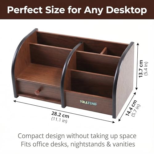 Wooden Desk Organizer with Drawer, Multi-Compartment Desktop Storage for Office Supplies, Remote Control, Phone, Makeup & Accessories