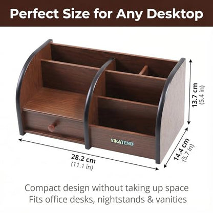 Wooden Desk Organizer with Drawer, Multi-Compartment Desktop Storage for Office Supplies, Remote Control, Phone, Makeup & Accessories