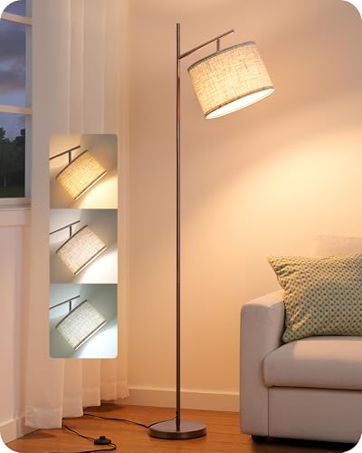 EDISHINE 64.7" Modern Minimalist Floor Lamps for Living Room with 3 Color Temperatures Bulb & Adjustable Linen Shade, Foot Pedal Switch, Tall Standing Lamp for Bedroom Office, Brown - color: Brown