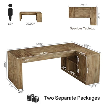 Tribesigns 71 Inch Executive Desk with Storage Cabinet, Large Office Desk L Shaped Computer Desk with Storage Shelves, Business Furniture Desk Workstation for Home Office, Rustic Brown