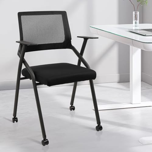 CLATINA Stackable Foldable Conference Room Chairs with Wheels, Portable Padded Office Desk Chair with Lumbar Support and Armrest for Training Room, Guest, Reception, Black (2pk)