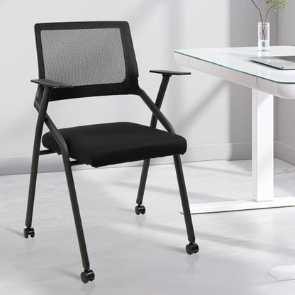 CLATINA Stackable Foldable Conference Room Chairs with Wheels, Portable Padded Office Desk Chair with Lumbar Support and Armrest for Training Room, Guest, Reception, Black (2pk)