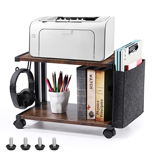 Printer Stand with Storage Bag Under Desk Printer Table on Wheels 2 Tier Small Desktop Rolling Stand Shelf for Fax Machine Scanner Files (Brown) - color: Brown
