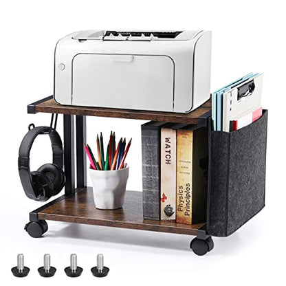 Printer Stand with Storage Bag Under Desk Printer Table on Wheels 2 Tier Small Desktop Rolling Stand Shelf for Fax Machine Scanner Files (Brown) - color: Brown