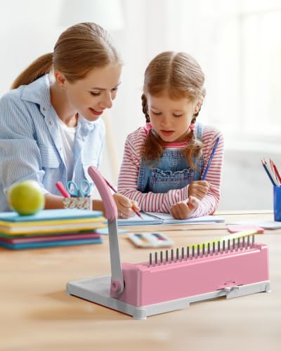 Binding Machine, 21-Hole, Comb Binding Machines with 100PCS Comb Bindings Spines, Comb Binder for Letter Size, A4, A5 Paper - color: Pink