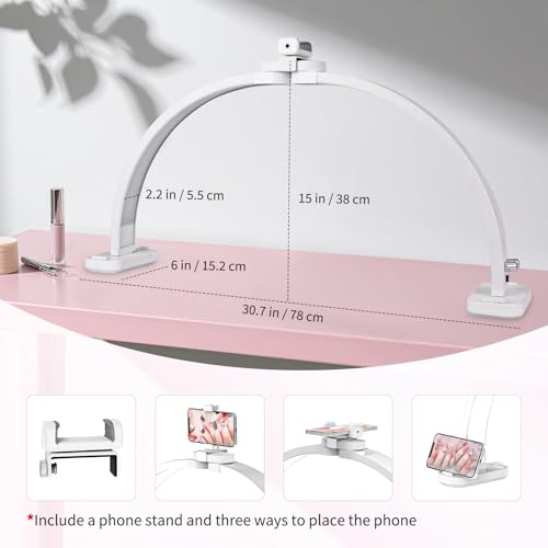 Foldable Half Moon Light for Nail Desk, 31in 45W Nail Desk Lamp with Phone Holder, Half Moon Table Lamp with Stepless Color Temperature Dimmable for Manicure, Handicrafts, Tattoos, Painting(White) - color: White - Half Moon