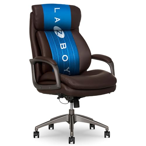 La-Z-Boy High-Back Ergonomic Office Chair, AIR Lumbar Support Leather Chair | Nova, 350lb Capacity Executive Task Chair, Padded Headrest & Arms, Layered Foam Seat Cushion, Swivel, Back Pain Relief, Brown - color: Brown