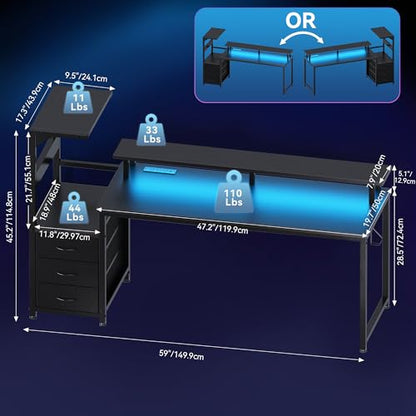 59" Reversible Gaming Desk with LED Lights Power Outlets, Black | Computer Desk with Drawers Can be Used to Store Odds and Handles, Elevated PC Stand To Help You Showcase Your DIY Cases. - color: Black, size: 60 In