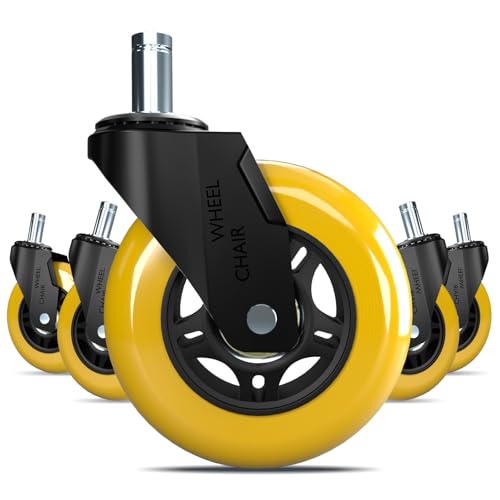 Office Chair Wheels Replacement,3" Rubber Desk Chair Wheels 7/16" Stem,Universal fit for Most Rolling/Gaming Chairs,Floor Protection for Carpet/Hardwood/Tile,Smooth&Quiet Rolling,Set of 5 - color: Yellow, size: 11mm-Fit Most