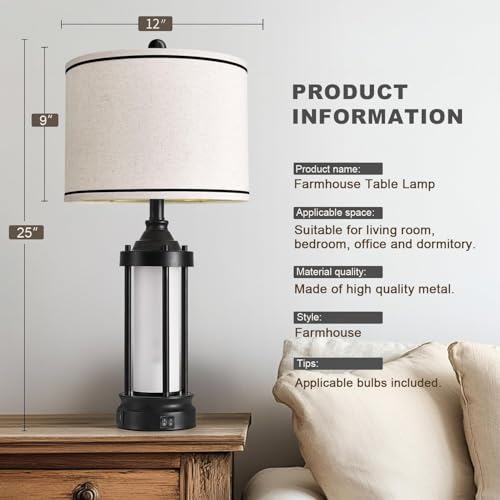 25'' Table Lamps for Bedroom Living Room Lamps Set of 2 Farmhouse Nightstand Bedside Lamps with USB Ports, Built-In Frosted Glass Night Light Industrial Metal Night Stand Lamp, Bulbs Included, Black - color: Metal Black - Set of Two