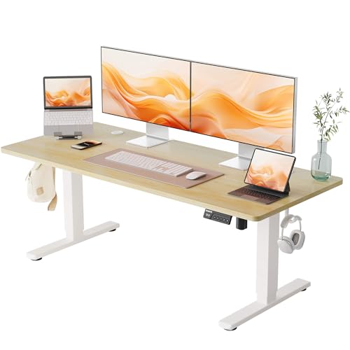 YIHAYO Low Height Adjustable Desk, Lifts 18.1-28.3 Inches, Electric Standing Desk for Short People, 55 x 24 Inches Computer Table with Splice Board for Home Office, Natural - color: White Frame/Natural Top, size: 55*24 Inch