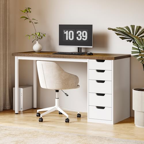 LITTLE TREE Computer Desk with 5 Drawers, 47 Inch Modern Simple Study Writing Desk with Metal Frame, Work Desk for Home Office, Rustic Brown and White - color: Rustic Brown and White