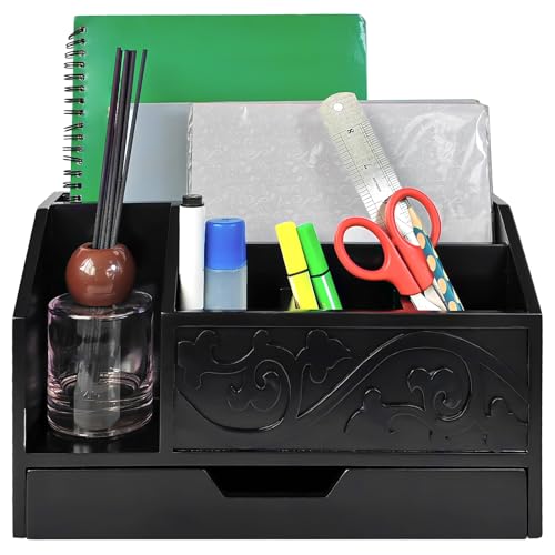 Black Wooden Mail Organizer with Drawer, Three Tiered Desk Accessories for Office Organization and Storage, Stylish Countertop Document Storage, Home/Office/Classroom Supplies (Black01) - style: Black01