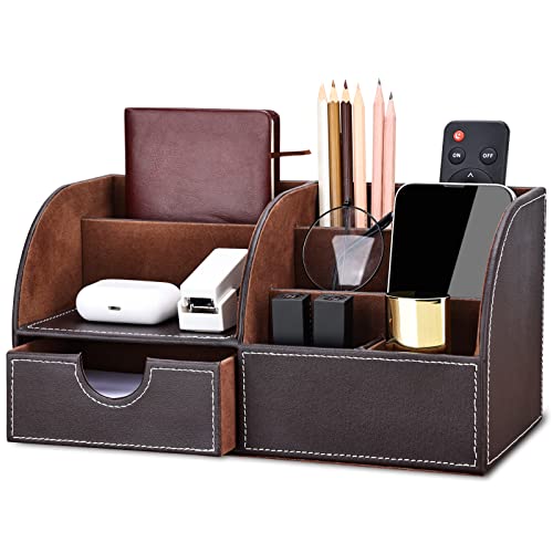 Pu Leather Desk Organizer Pen Pencil Holder Office Supplies Caddy Storage Box 6 Compartments with Drawer Brown - color: Brown