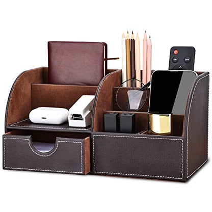 KINGFOM Pu Leather Desk Organizer Pen Pencil Holder Office Supplies Caddy Storage Box 6 Compartments with Drawer Brown - color: Brown