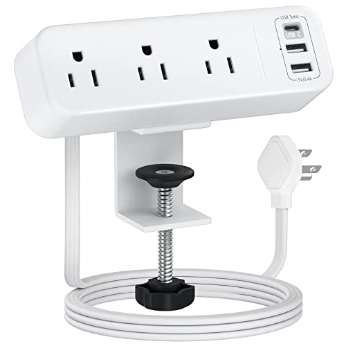 3 Outlet Desk Clamp Power Strip, 6.5 ft Extension Cord, Flat Plug - color: White