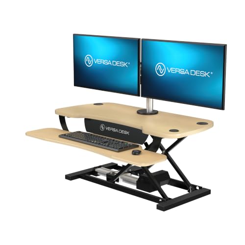 VERSADESK PowerPro 36 Inch Electric Standing Desk Converter – Push-Button Height Adjustable Sit to Stand Desk Riser for Dual Monitors & Laptop – Motorized Desktop Workstation with Wide Keyboard Tray - color: Maple, size: 36" Wide